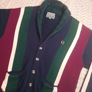 SIEGFRIED Vtg XL Color Block Striped‎ Knit Button Shawl Varsity Crest Sweater